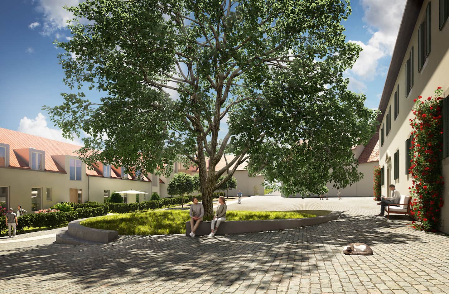3D Rendering des geplanten Umbaus des Herrenhauses mit Blick auf den Innenhof auf Gut Deutschhof